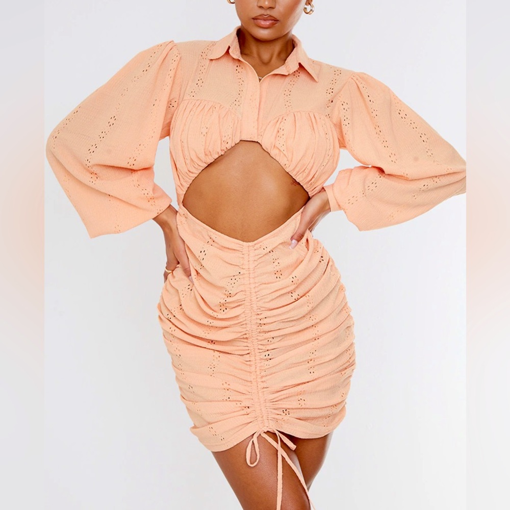 PRETTY LITTLE THING Textured cut out ruched long sleeve dress - Tangerine